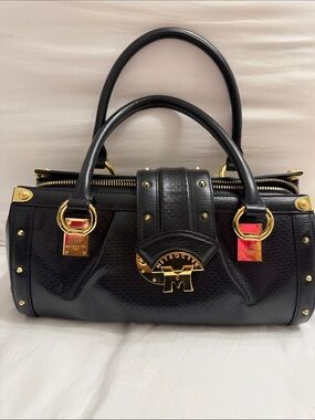 Metrocity Black Leather Satchel with Gold Hardware